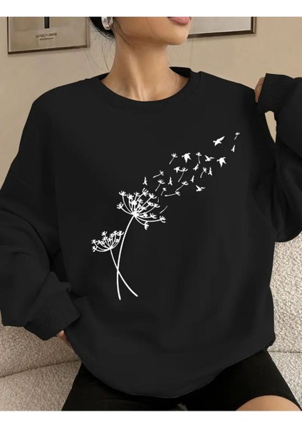 Karahindiba Baskılı Bisiklet Yaka Siyah Sweatshirt