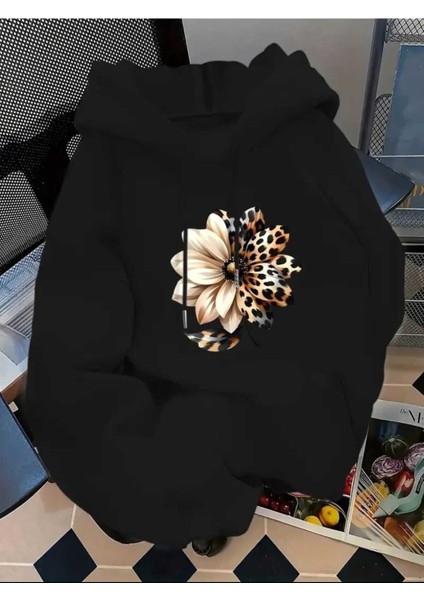 Yarı Leopar Çiçek Baskılı Kapüşonlu Cepli Içi Yünlü Siyah Sweatshirt