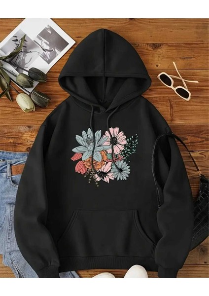 Renkli Çiçekler Baskılı Kapüşonlu Cepli Pamuklu Siyah Sweatshirt