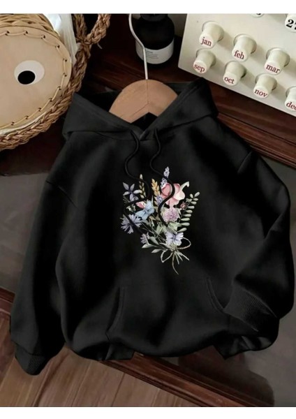 Mini Çiçek Buketi Baskılı Kapüşonlu Cepli Pamuklu Siyah Sweatshirt