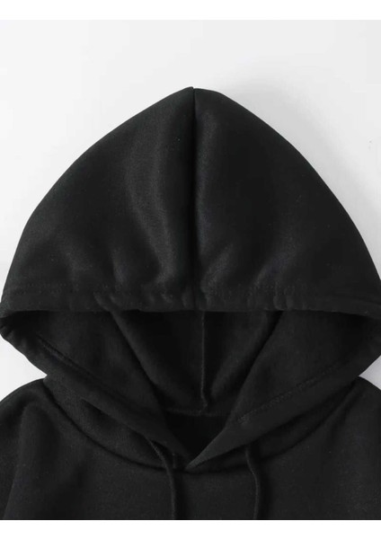Mini Çiçek Buketi Baskılı Kapüşonlu Cepli Pamuklu Siyah Sweatshirt modelleri