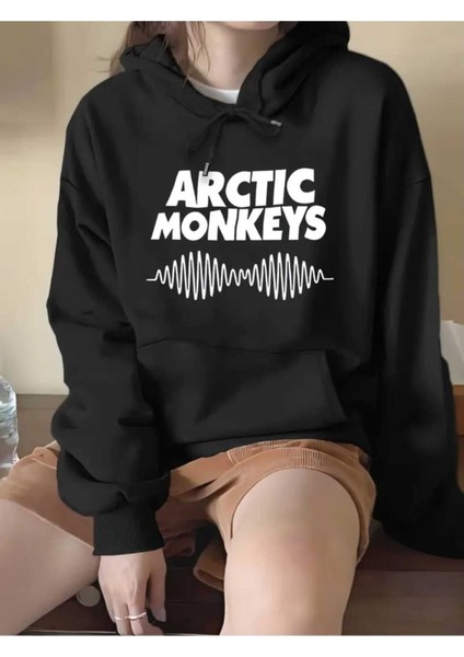 Artric Monkeys Baskılı Kapüşonlu Cepli Içi Yünlü Siyah Sweatshirt