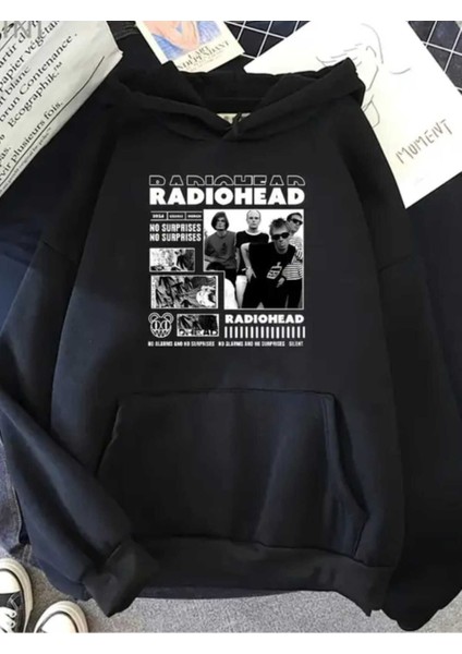 Radiohead No Alarms Baskılı Kapüşonlu Cepli Pamuklu Siyah Sweatshirt