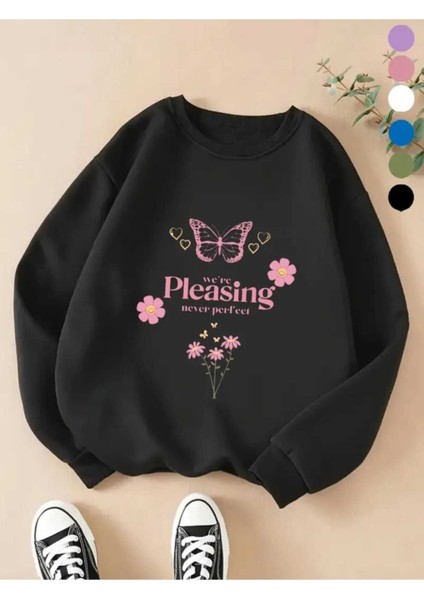We're Pleasing Baskılı Bisiklet Yaka Siyah Sweatshirt