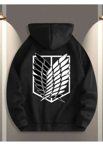 Aot Keşif Birliği Arka Göğüs Baskılı Kapüşonlu Cepli Içi Yünlü Siyah Sweatshirt fiyatları