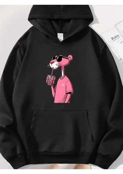 Pembe Panter Baskılı Kapüşonlu Cepli Içi Yünlü Siyah Sweatshirt