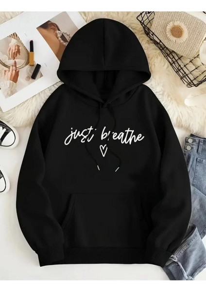 Just Breathe Süper Baskılı 2 Iplik Şardonlu Cepli Kapüşonlu Sweatshırt