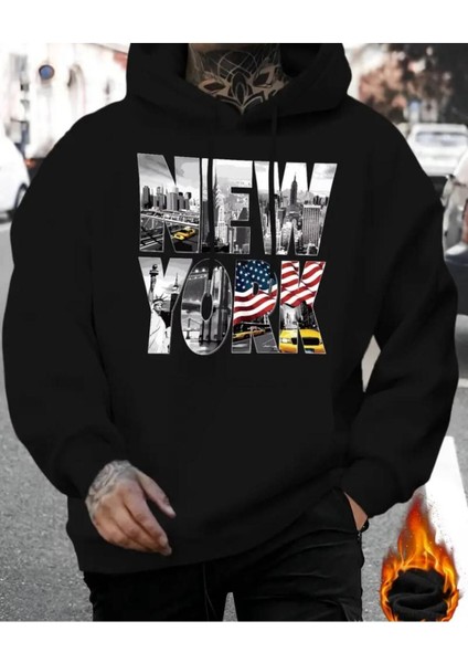 Newyork Şehir Efsane Desen 2 Iplik Şardonlu Kapüşonlu Cepli Sweatshirt