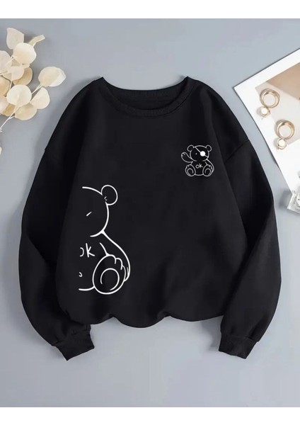 Sevimli Ayı Baskılı Bisiklet Yaka Siyah Sweatshirt
