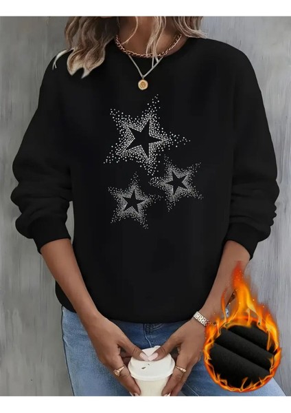 Üç Yıldız Baskılı Bisiklet Yaka Siyah Sweatshirt
