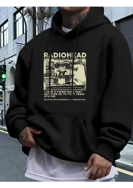 Radiohead Kapak Baskılı Kapüşonlu Cepli Içi Yünlü Siyah Sweatshirt