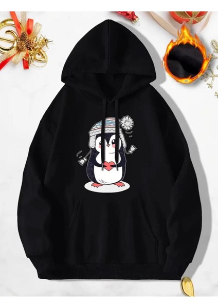 Şapkalı Penguen Desenli 2 Iplik Şardonlu Cepli Kapüşonlu Sweatshırt