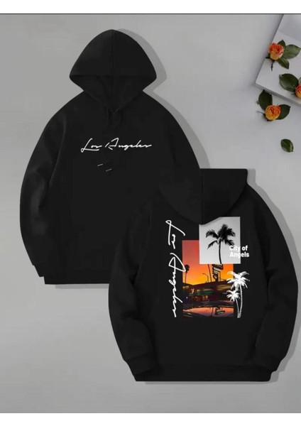 Arka Ön Baskılı City Of Angeles Cepli Kapüşonlu Sweatshırt