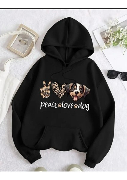 Sevimli Köpek Leopar Kalpli Baskılı 2 Iplik Şardonlu Kapüşonlu Cepli Sweatshirt