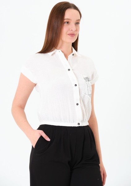 Müslin Cep Baskılı Cepli Gömlek Ekru