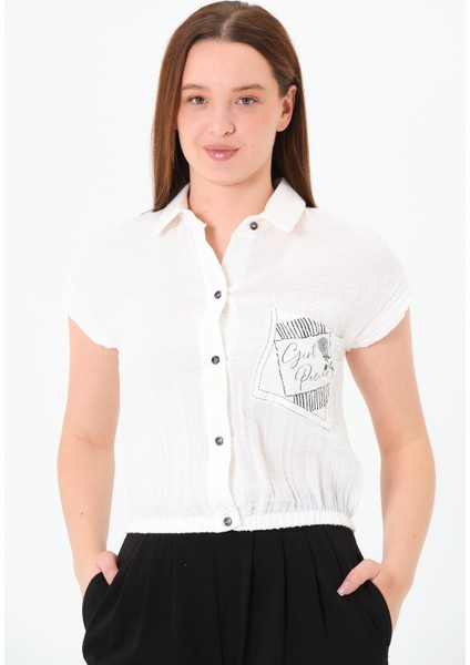 Müslin Cep Baskılı Cepli Gömlek Ekru fiyatları