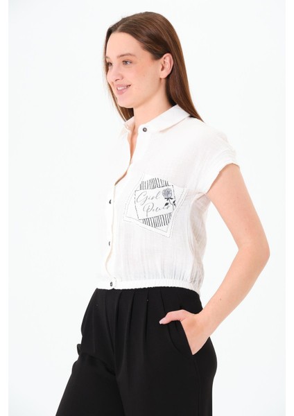 Müslin Cep Baskılı Cepli Gömlek Ekru modelleri