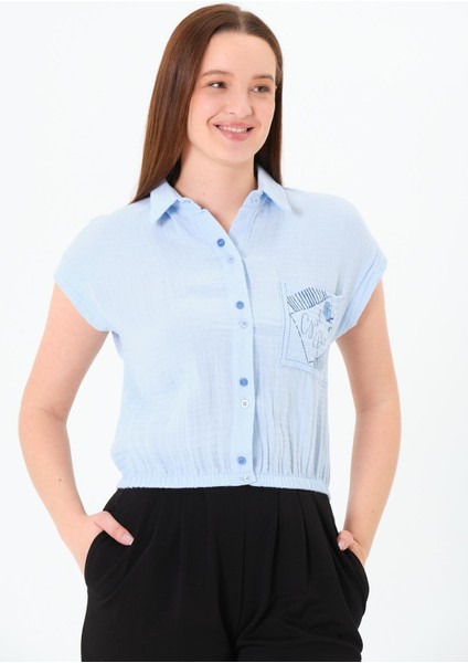 Müslin Cep Baskılı Cepli Gömlek Mavi