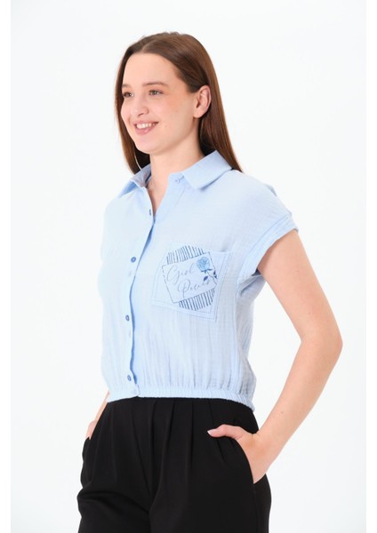 Müslin Cep Baskılı Cepli Gömlek Mavi fiyatları