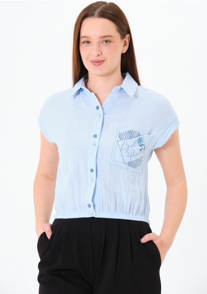 Müslin Cep Baskılı Cepli Gömlek Mavi modelleri