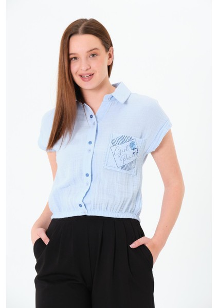Müslin Cep Baskılı Cepli Gömlek Mavi fırsatları