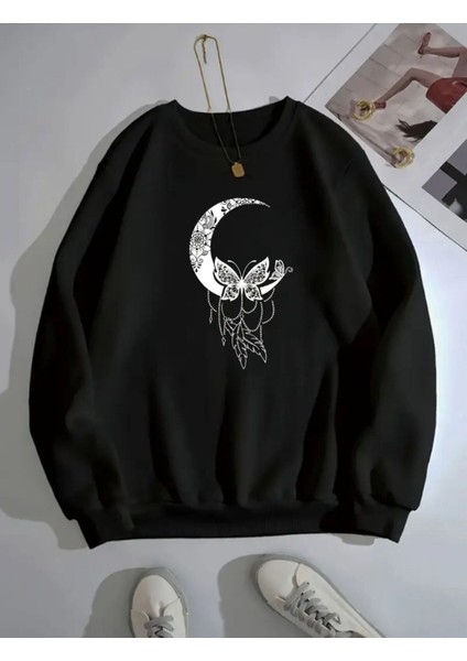 Ay Kelebek Baskılı Bisiklet Yaka Siyah Sweatshirt
