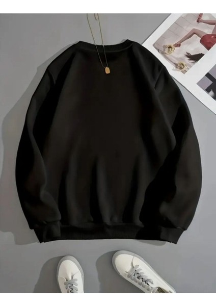 Ay Kelebek Baskılı Bisiklet Yaka Siyah Sweatshirt fiyatları