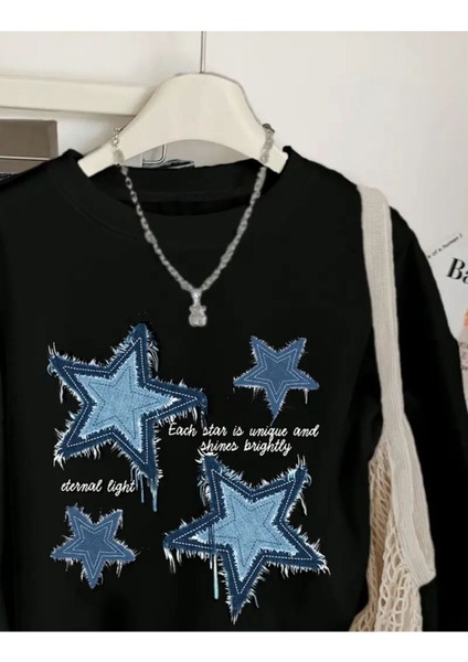 Mavi Kot Sanatı Baskılı Bisiklet Yaka Siyah Sweatshirt modelleri