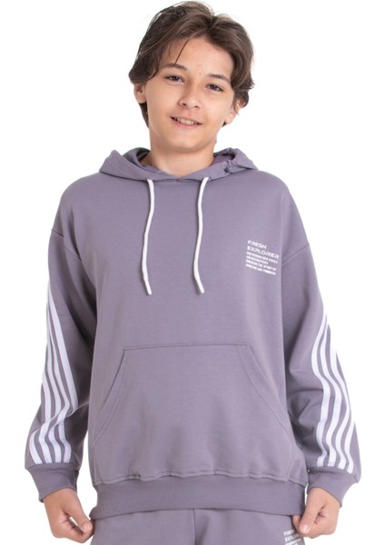 Gri Erkek Çocuk Kolları Şerit Detaylı Kanguru Cepli Kapüşonlu Sweatshirt 21497