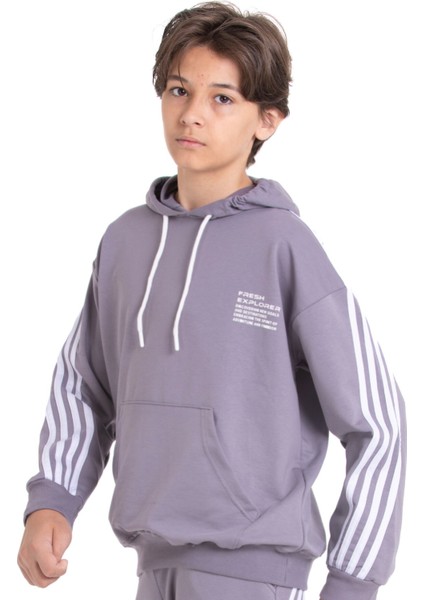 Gri Erkek Çocuk Kolları Şerit Detaylı Kanguru Cepli Kapüşonlu Sweatshirt 21497 fiyatları