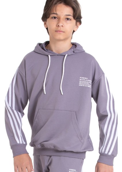 Gri Erkek Çocuk Kolları Şerit Detaylı Kanguru Cepli Kapüşonlu Sweatshirt 21497 modelleri