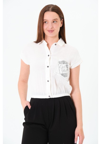 Müslin Cep Baskılı Cepli Gömlek Ekru fırsatları