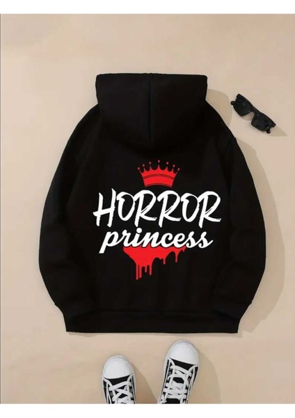 Horror Princess Arka Baskılı Kapüşonlu Cepli Pamuklu Siyah Sweatshirt