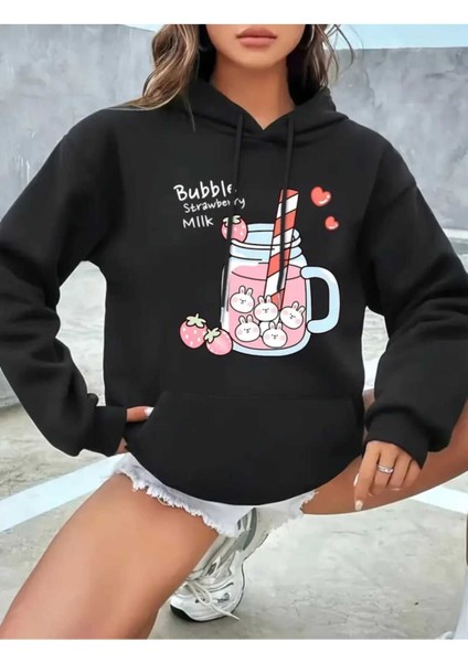 Bubble Milk Baskılı Kapüşonlu Cepli Içi Yünlü Siyah Sweatshirt
