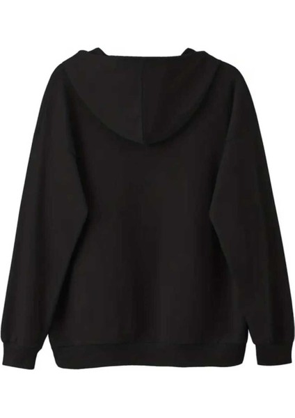 Beşli Dik Kalp Baskılı Kapüşonlu Cepli Içi Yünlü Siyah Sweatshirt fiyatları