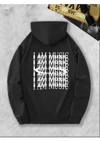 I Am Music Arka Baskılı Kapüşonlu Cepli Pamuklu Siyah Sweatshirt modelleri