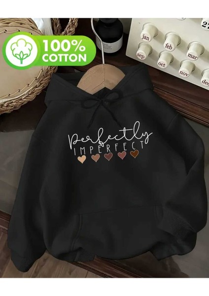 Perfectly Imperfect Baskılı Kapüşonlu Cepli Içi Yünlü Siyah Sweatshirt