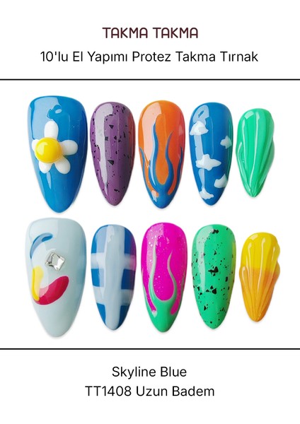 10'lu Renkli Uzun Badem TT1408 Tekrar Kullanılabilir El Yapımı Protez Takma Tırnak - Renkli-L fırsatları