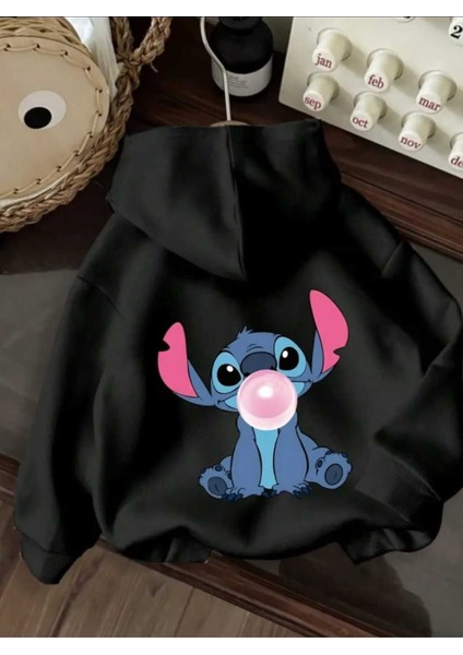 Stitch Arka Baskılı Kapüşonlu Cepli Içi Yünlü Siyah Sweatshirt