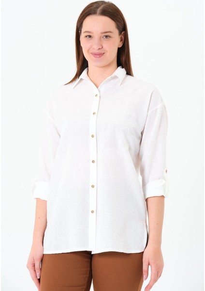 Gül Nakışlı Gömlek Ekru