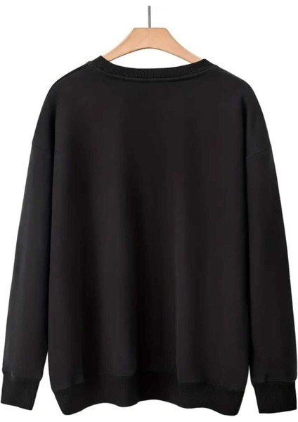 Çiçekli Cep Göğüs Baskılı Bisisklet Yaka Siyah Sweatshirt fiyatları