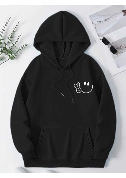 Gülümseyen Yüz Göğüs Baskılı Kapüşonlu Cepli Içi Yünlü Siyah Sweatshirt