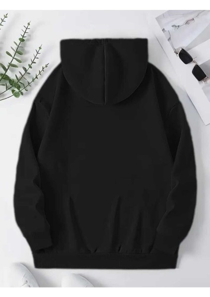 Gülümseyen Yüz Göğüs Baskılı Kapüşonlu Cepli Içi Yünlü Siyah Sweatshirt fiyatları