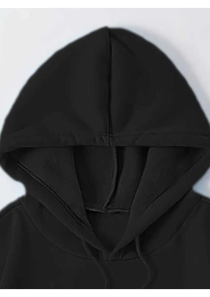 Gülümseyen Yüz Göğüs Baskılı Kapüşonlu Cepli Içi Yünlü Siyah Sweatshirt modelleri