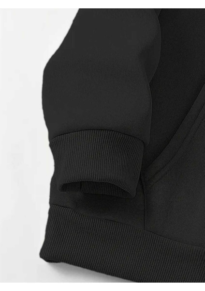 Gülümseyen Yüz Göğüs Baskılı Kapüşonlu Cepli Içi Yünlü Siyah Sweatshirt fırsatları