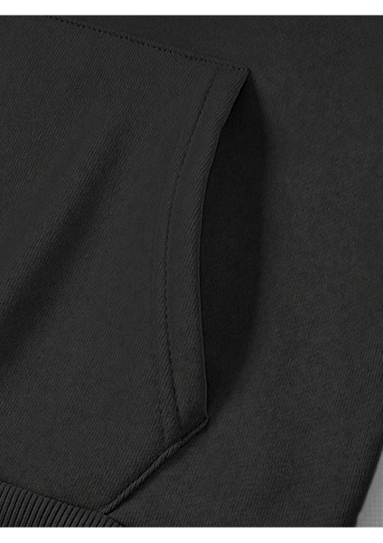 Gülümseyen Yüz Göğüs Baskılı Kapüşonlu Cepli Içi Yünlü Siyah Sweatshirt indirimleri