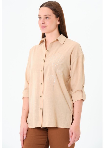 Gül Nakışlı Gömlek Bej modelleri