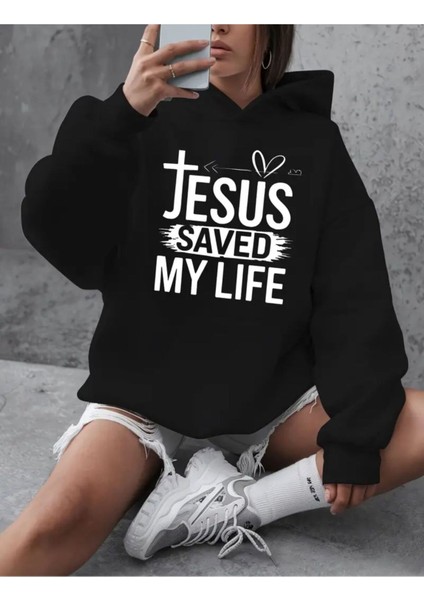 Jesus Saved Desenli Yumuşacık 2 Iplik Şardonlu Kapüşonlu Cepli Sweatshirt