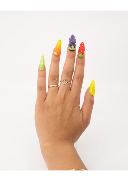 10'lu Renkli Uzun Oval TT1406 Tekrar Kullanılabilir El Yapımı Protez Takma Tırnak - Renkli-M