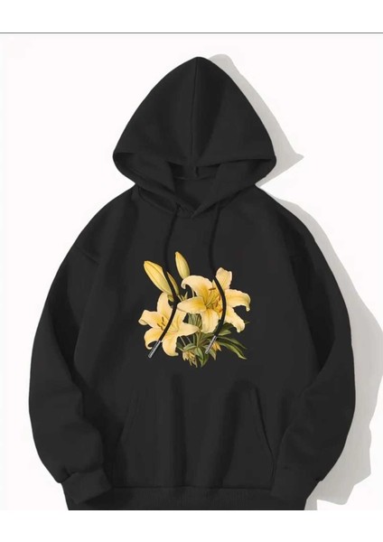 Sarı Zambak Baskılı Kapüşonlu Cepli Pamuklu Siyah Sweatshirt